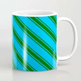 [ Thumbnail: Deep Sky Blue & Dark Green Colored Stripes/Lines Pattern Coffee Mug ]