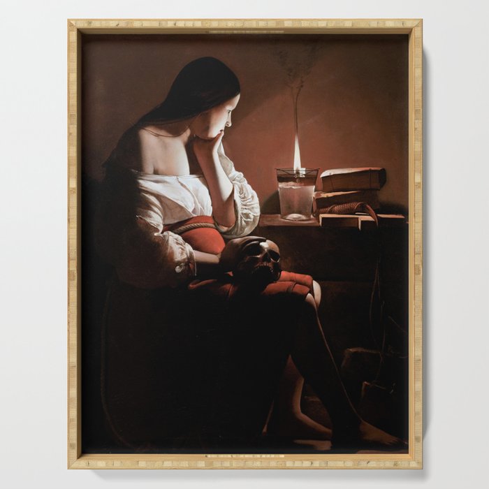Magdalen with the Smoking Flame female staring at flame with skull of lover in hand portrait painting Serving Tray