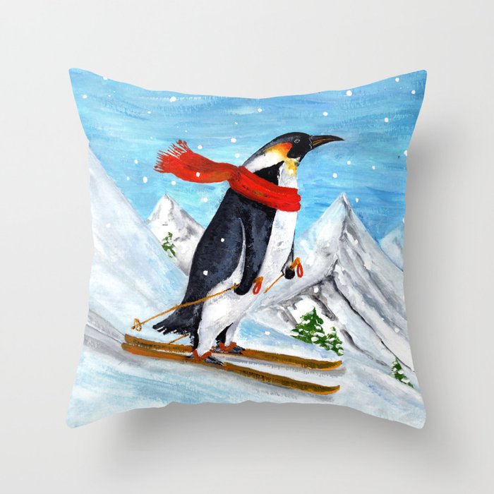 Penguin Alpine Skiing Throw Pillow