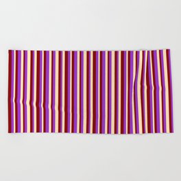 [ Thumbnail: Maroon, Dark Orchid, and Beige Colored Striped/Lined Pattern Beach Towel ]