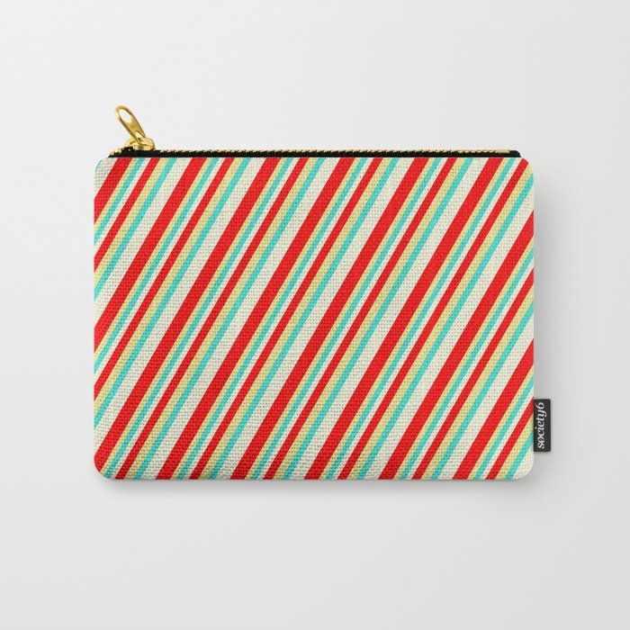 Beige, Red, Tan, and Turquoise Colored Striped Pattern Carry-All Pouch