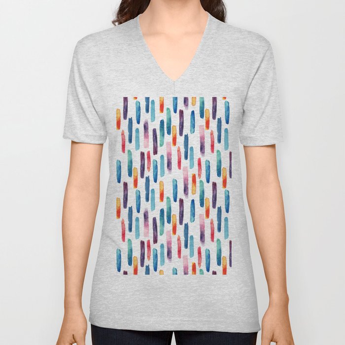 Watercolor long brush strokes background. Water color colorful lines seamless pattern. Hand painted abstract illustration V Neck T Shirt
