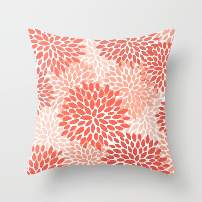 Flowers Pattern, Coral, Pink, Floral Prints Throw Pillow