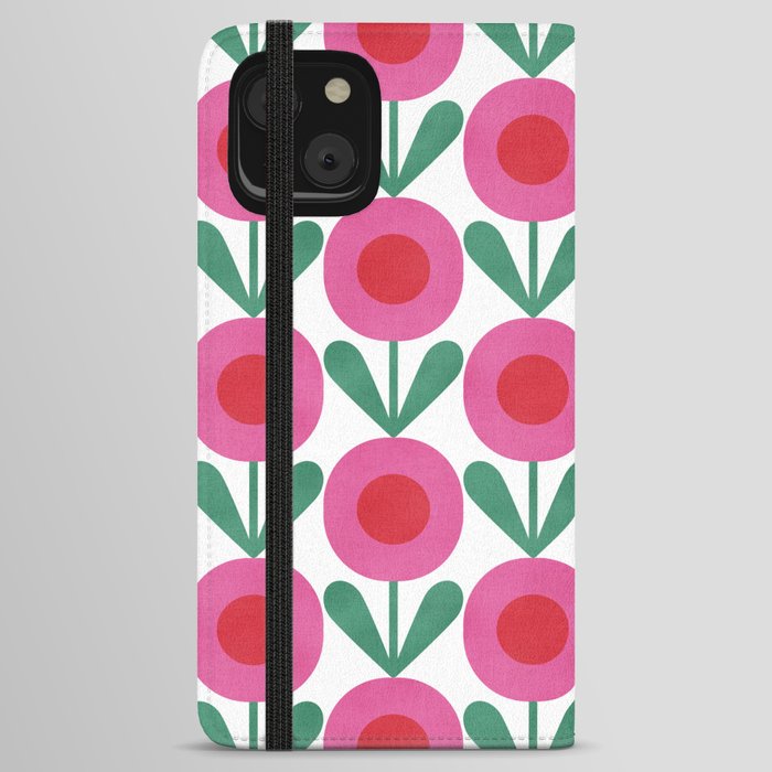 Bright Pink Retro Scandinavian Flowers iPhone Wallet Case