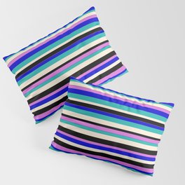 [ Thumbnail: Vibrant Orchid, Blue, Light Sea Green, Beige, and Black Colored Lines Pattern Pillow Sham ]