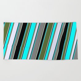 [ Thumbnail: Eyecatching Aqua, Grey, Dark Olive Green, Lavender & Black Colored Lines/Stripes Pattern Beach Towel ]