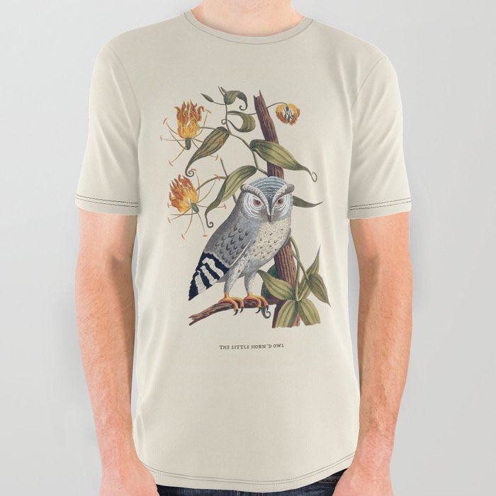 Gray Owl Antique Naturalist Illustration All Over Graphic Tee