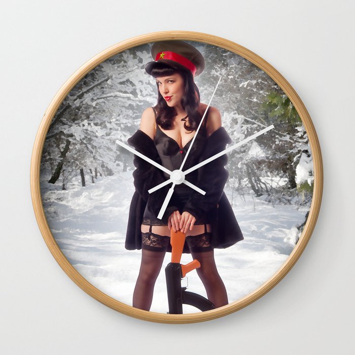 "Sovietsky on Ice" - The Playful Pinup - Russian Theme Pin-up Girl in Snow by Maxwell H. Johnson Wall Clock