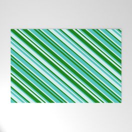 [ Thumbnail: Green, Turquoise & Light Cyan Colored Lined/Striped Pattern Welcome Mat ]