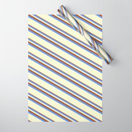 [ Thumbnail: Sienna, Cornflower Blue & Light Yellow Colored Striped/Lined Pattern Wrapping Paper ]