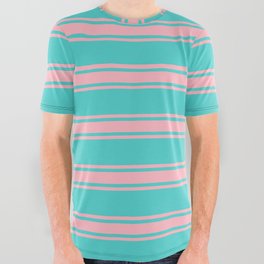 [ Thumbnail: Turquoise and Light Pink Colored Lines/Stripes Pattern All Over Graphic Tee ]