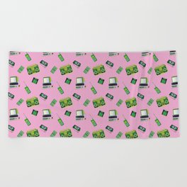 Fancy pink and green pattern design, retro technology Beach Towel