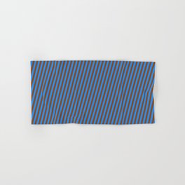 [ Thumbnail: Brown & Blue Colored Stripes/Lines Pattern Hand & Bath Towel ]
