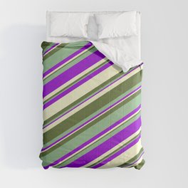 [ Thumbnail: Dark Sea Green, Dark Violet, Light Yellow & Dark Olive Green Colored Stripes Pattern Comforter ]