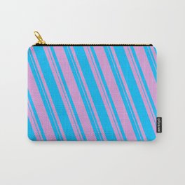 [ Thumbnail: Plum & Deep Sky Blue Colored Lined Pattern Carry-All Pouch ]
