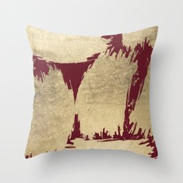 Abstract burgundy gold paint brush strokes Throw Pillow