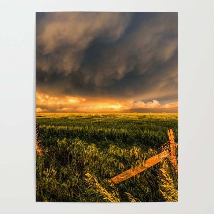 Breadbasket - Stormy Sky Over Field at Sunset on a Spring Evening in Kansas Poster