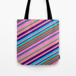 [ Thumbnail: Eye-catching Sienna, Violet, Dark Salmon, Indigo, and Dark Turquoise Colored Lined Pattern Tote Bag ]
