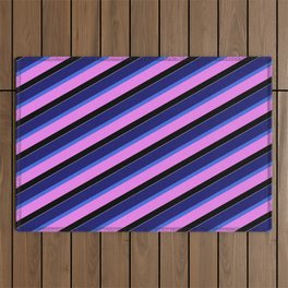 [ Thumbnail: Vibrant Midnight Blue, Royal Blue, Violet, Black, and White Colored Pattern of Stripes Outdoor Rug ]