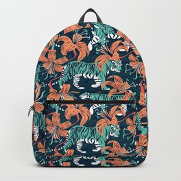 Tigers in a tiger lily garden // textured navy blue background spearmint green wild animals papaya orange flowers Backpack