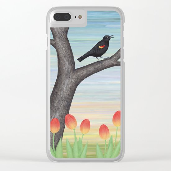 red winged blackbird and tulips Clear iPhone Case