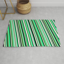 [ Thumbnail: Eye-catching Green, Grey, Forest Green, White, and Black Colored Stripes/Lines Pattern Rug ]