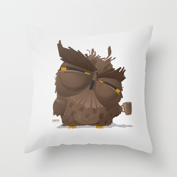 Grumpy coffee owl Throw Pillow
