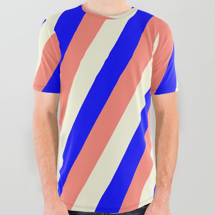 Blue, Salmon & Beige Colored Stripes/Lines Pattern All Over Graphic Tee
