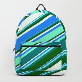[ Thumbnail: Colorful Blue, Aquamarine, Teal, Dark Green, and Mint Cream Colored Lines/Stripes Pattern Backpack ]