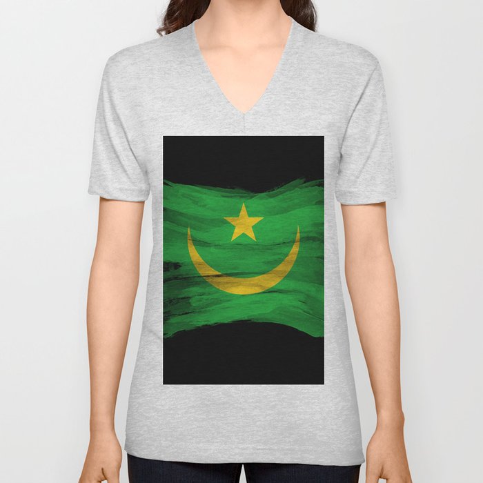 Mauritania flag brush stroke, national flag V Neck T Shirt
