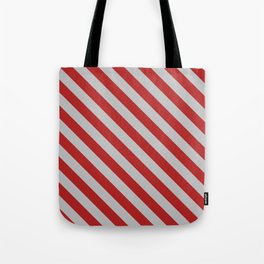 [ Thumbnail: Red and Grey Colored Pattern of Stripes Tote Bag ]