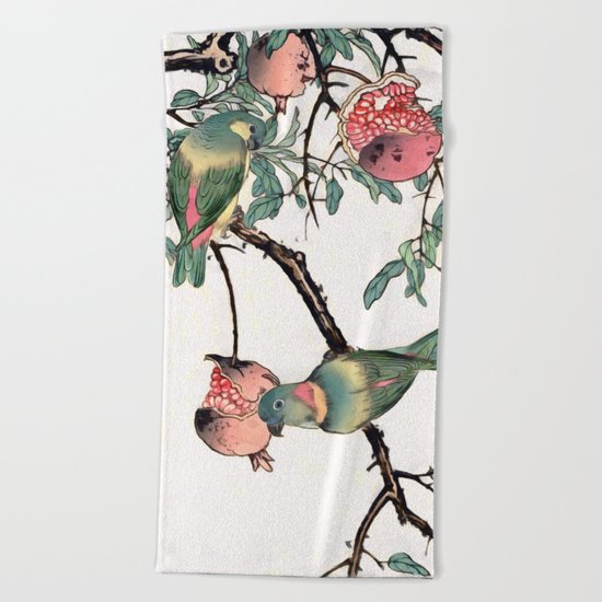 Pomegranate and Lovebirds Beach Towel