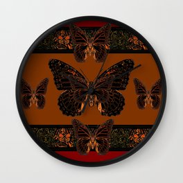 BLACK  MONARCH BUTTERFLIES,COFFEE BROWN-BURGUNDY ART Wall Clock
