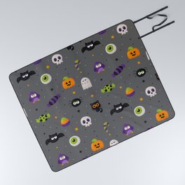 Halloween Seamless Pattern with Funny Spooky on Gray Background Picnic Blanket