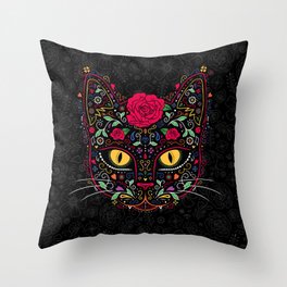 Day of the Dead Kitty Cat Sugar Skull Throw Pillow