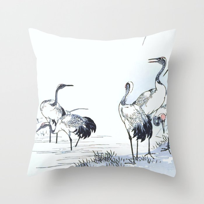 Antique Japanese Woodblock Print Art By Kono Bairei - Five Cranes Standing In The Swamp Water  Throw Pillow