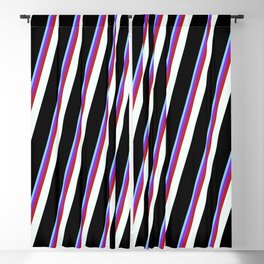 [ Thumbnail: Light Sky Blue, Purple, Red, Mint Cream, and Black Colored Lined/Striped Pattern Blackout Curtain ]