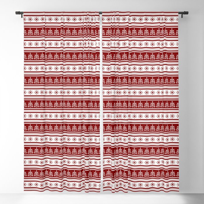 Large Dark Christmas Candy Apple Red Nordic Trees Stripe in White Blackout Curtain
