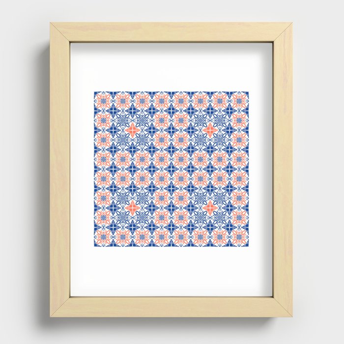 Cheerful Retro Modern Kitchen Tile Mini Pattern Red and Navy Blue Recessed Framed Print