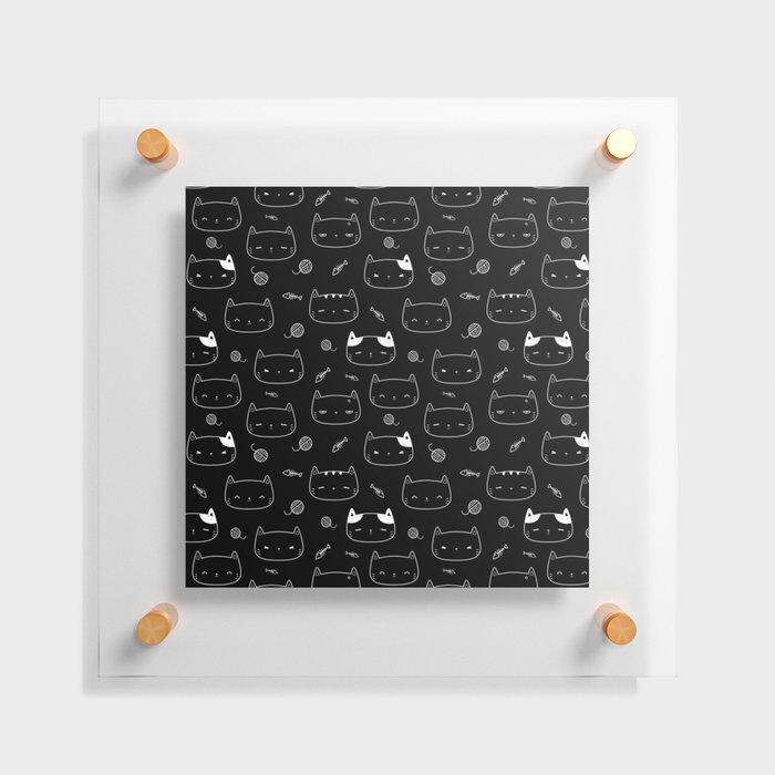 Black and White Doodle Kitten Faces Pattern Floating Acrylic Print