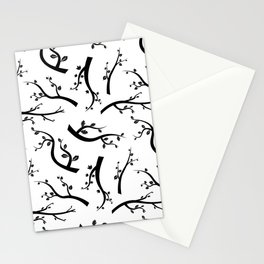 Seamless pattern with trees branches stylized black silhouettes on white background. Flat design vintage Illustration Stationery Card