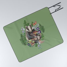 Adorable Badger with mushrooms - green Picnic Blanket