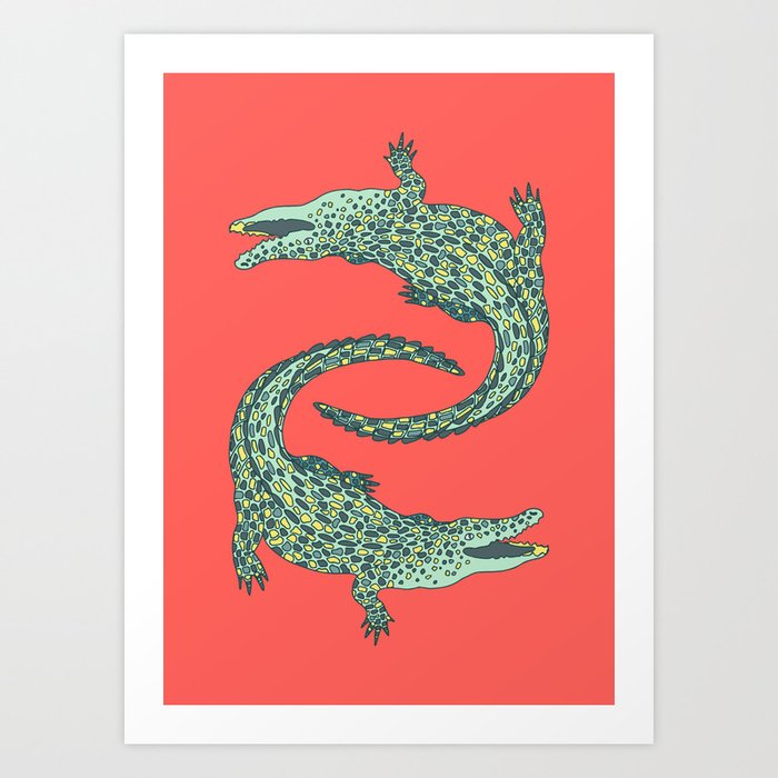 Crocodiles (Deep Coral and Mint Palette) Art Print