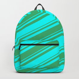 [ Thumbnail: Sea Green and Aqua Colored Lined Pattern Backpack ]