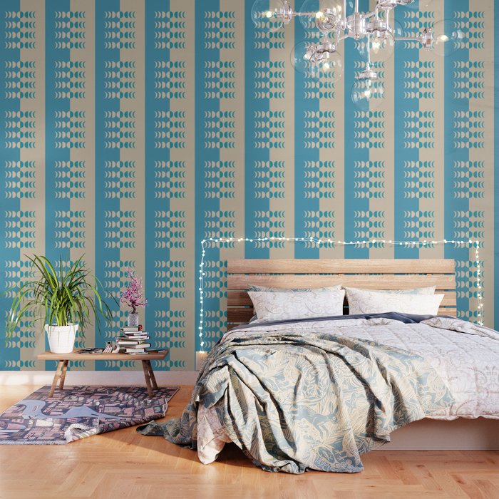 Moon Phases 30 in Teal Tan Blue Wallpaper