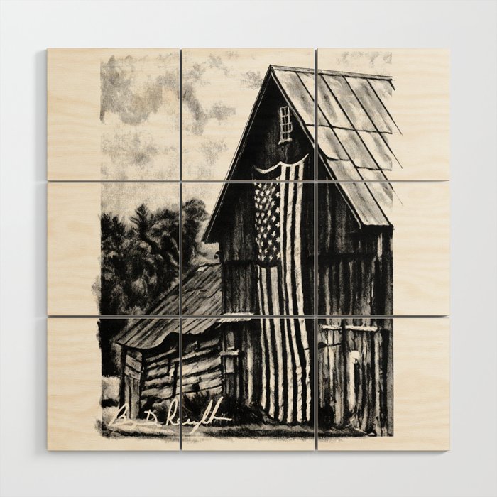 Rustic Pride Original Art Drawing Old Barn Decor American Flag