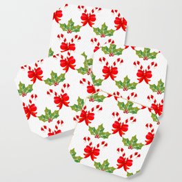 Christmas Pattern Watercolor Candy Bow Mistletoe Coaster
