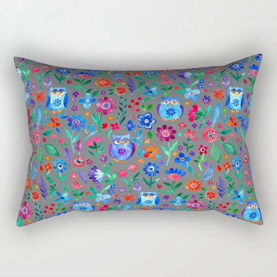 Little Owls and Flowers on Grey Rectangular Pillow