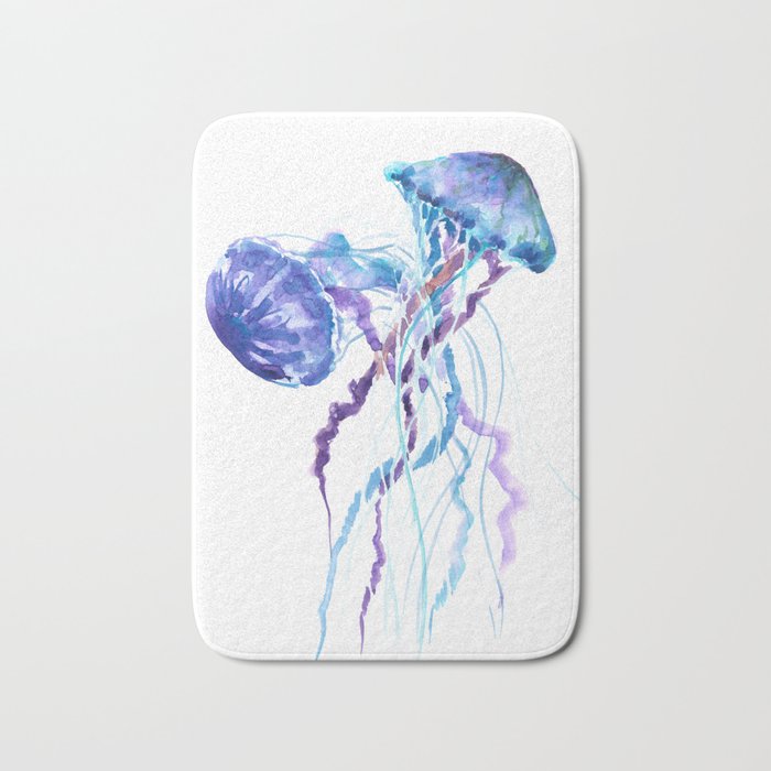 Jellyfish Blue Sea world artwork Aquatic Design, blue room design beach Bath Mat
