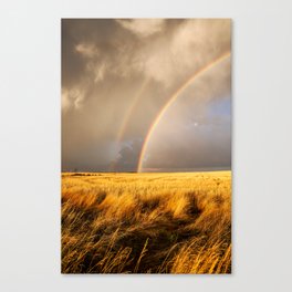 Pot O' Gold - Brilliant Rainbow Ends in Golden Wheat Field on Autumn Day in Kansas Canvas Print